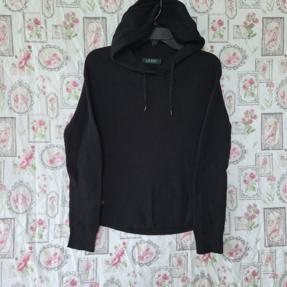 Lauren Ralph Lauren Women M Black Ribbed Knit Pullover Hoodie Sweater Drawstring